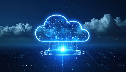 Futuristic cloud computing concept with glowing blue lines and connections against a backdrop of white clouds and a dark blue horizon line.