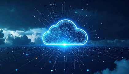 A luminous cloud computing icon glows amidst a digital network against a dark cloudy sky conveying data transfer and storage solutions.