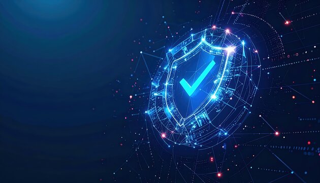 Glowing digital shield with checkmark represents secure cybersecurity network protection for reliable data privacy and information safety system.