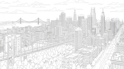 Fototapeta premium Detailed Line Art Skyline of San Francisco with Bay Bridge and Iconic City Landmarks in Black and White