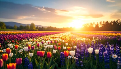 Colorful flower field at sunset