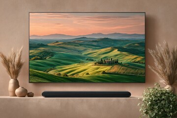 Flat-screen TV mounted on wall,  shows landscape at sunset.  Minimalist, beige-toned room