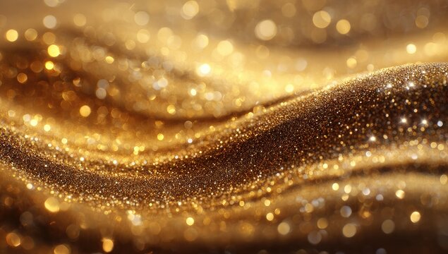 Golden glitter fabric waves.  Abstract, shimmering,  gold texture. Soft, flowing.  Bokeh highlights - Powered by Adobe