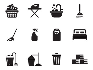 A Set of Home Essentials & Cleaning Vector Icons – Laundry, Bed, Shopping, and Cleaning Tools