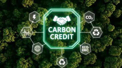 Carbon Credit Concept: Digital Interface with Eco Icons, Renewable Energy, and Forest Background for Sustainability - Powered by Adobe