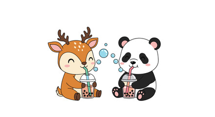 Fototapeta premium Cute deer and panda enjoying delicious bubble tea together.
