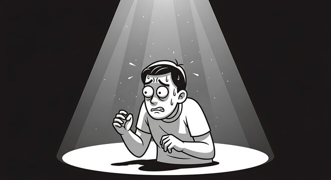 Scared guy in spotlight.