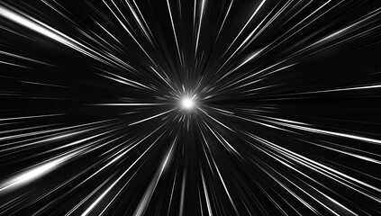 Abstract grayscale image depicting a radiant burst of light streaking outwards from a central point against a black background, suggesting speed and movement