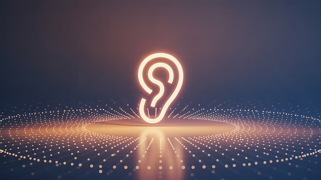 Glowing ear icon illuminated on a digital platform with radiating light dots
