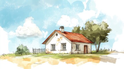 drwg sketching a country cottage in an assembled style