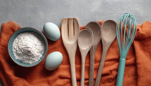 Kitchen Utensils and Ingredients on a Tablecloth - Powered by Adobe