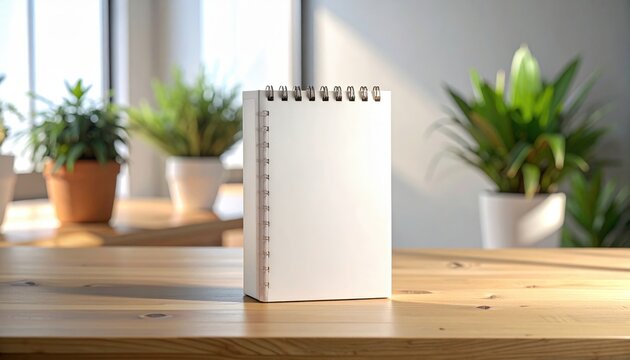 Blank Spiral Notebook on Wooden Table with Sunlight and Plants