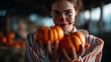 Adult Halloween party vampire horror clown costumes holding pumpkins celebration indoor setting adult Halloween entertainment horror themed parties blurred background with copy