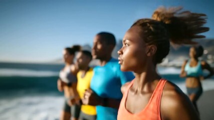 Couple running, happy people jogging on beach, working out smiling happy, active lifestyle by the ocean, fitness together, sunrise seaside workout, joyful healthy summer routine