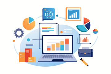Futuristic AI Technology Holographic Interface with Data Analytics on Laptop Workspace