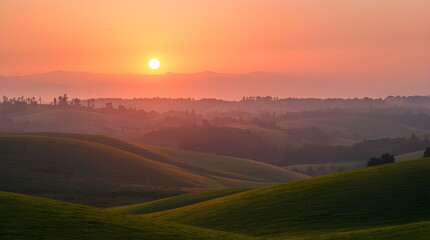 Serene Sunset Over Rolling Green Hills in Tuscany