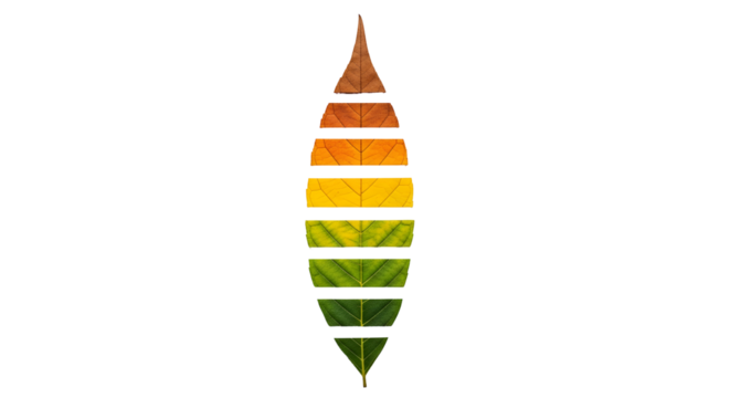 Elegant natural color gradient of a segmented leaf, beautifully transitioning from vibrant green to golden yellow and warm autumnal brown, symbolizing seasonal change and organic cycle