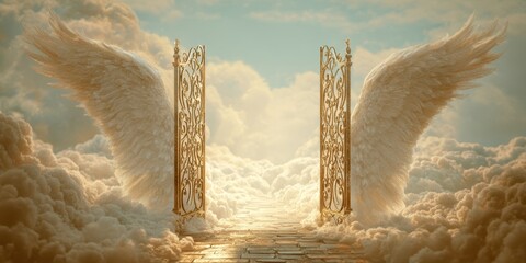 The Golden Gates with Angel Wings Open to a Dreamlike Heaven