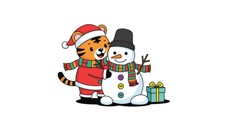A cute tiger wearing a santa hat and scarf hugs a snowman with a gift box in this festive winter illustration.