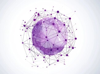 Abstract polygonal sphere with interconnected nodes, rendered in shades of purple against a white background.  The image uses a low-poly style with a network effect