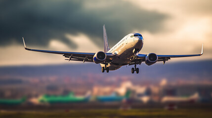 aerodynamics. An airplane taking off into a dramatic sky from an airport runway. mobility guides, transit brochures, designed for mobility and urban transit guides, clarifies navigation.
