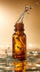 Amber bottle in water, liquid splashing, bokeh background