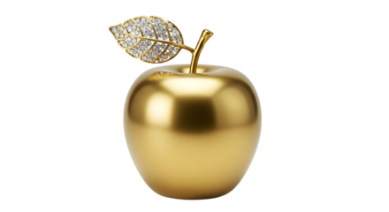 Shiny golden apple with crystal leaf decoration isolated PNG with Transparent Background