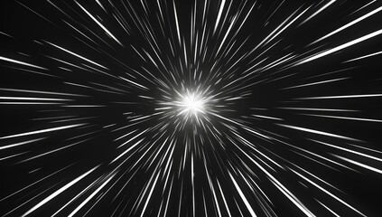 An abstract image depicting a bright, star-like center radiating white lines against a stark black background, suggesting rapid movement or light speed