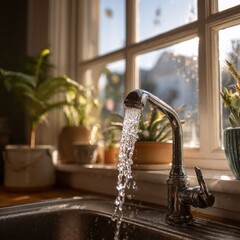 Water flowing from a kitchen faucet by a window