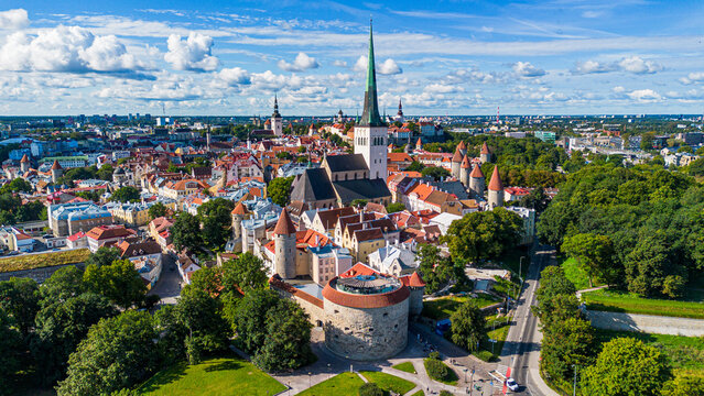 Aerial view of the Fat Margaret tower and of St Olaf's church in Tallinn Old Town (Vanalinn), the capital of Estonia, one of the Baltic States