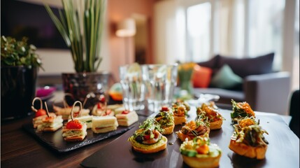 Naklejka premium Indoor Party Table with Assorted Appetizers and Sandwich Snacks