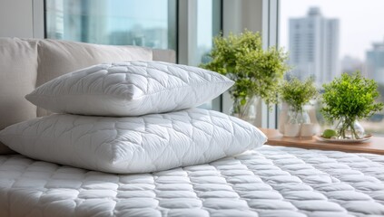 Obraz premium Stacked white quilted pillows on a bed, city view