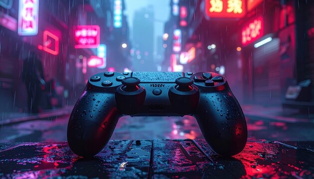Rainy Cyberpunk Cityscape with Game Controller