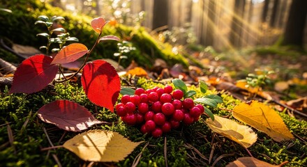 Vibrant red berries nestled amongst colorful autumn leaves in a sunlit forest floor.