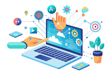 Futuristic AI Technology Holographic Interface with Data Analytics on Laptop Workspace