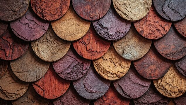 Close-up of circular, overlapping tiles in warm earthy tones