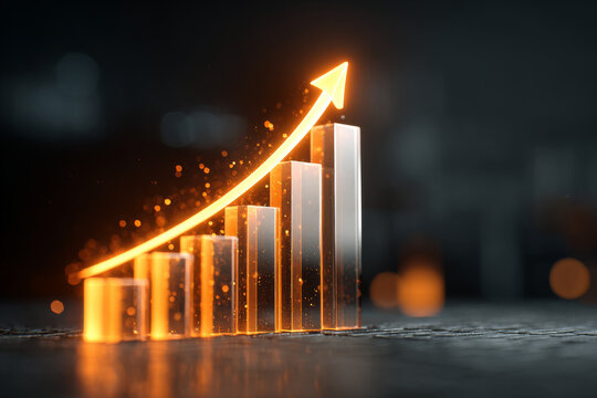 Glowing abstract bar chart with upward arrow symbolizing financial growth and success