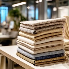 Fabric samples stacked on a table