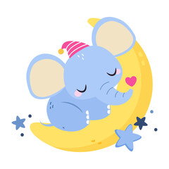 Moon with Elephant Animal Sleeping Have Sweet Dreams Vector Illustration