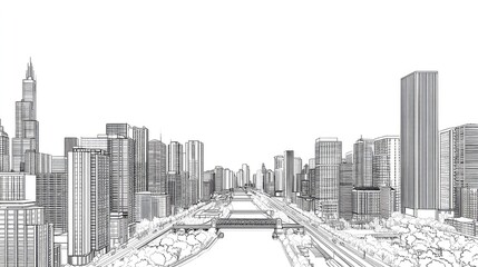 Detailed Line Art Cityscape of a Modern Urban Skyline Overlooking a River with Skyscrapers and Greenery