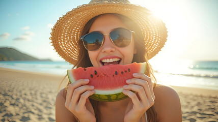 A happy young woman in a straw hat and sunglasses smiles while holding a fresh slice of watermelon on a sunny beach, an ideal image for summer, travel, and vacation themes.