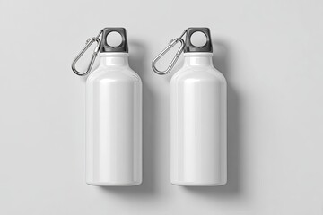 Two identical white aluminum water bottles with black caps and carabiner clips, against a plain light gray background