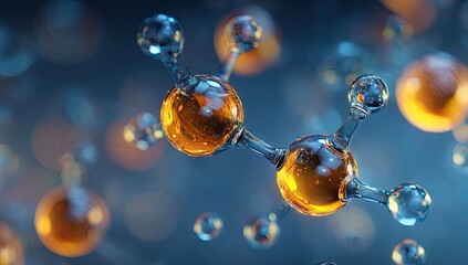 Abstract scientific visualization of molecules. Atoms connected by transparent bonds, orange-gold spheres in a dark blue background. Many other smaller spheres visible