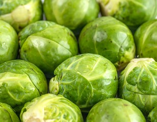 Close-up of many fresh Brussels sprouts