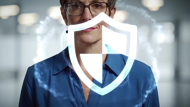Confident professional woman with glowing shield emblem symbolizing data protection and cybersecurity in modern office.