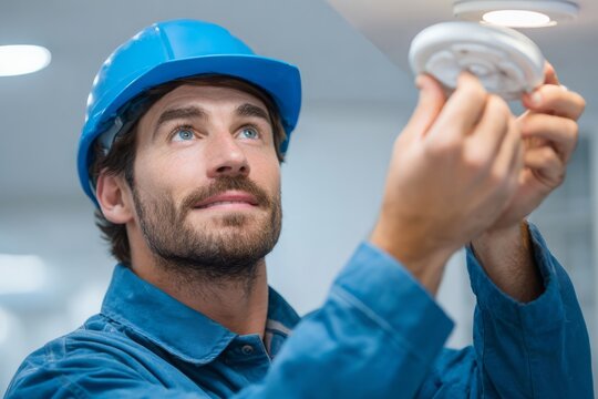 A maintenance worker installs a new smoke detector, wearing a blue hard hat and work clothes, ensuring home safety, with focused attention and a positive expression.