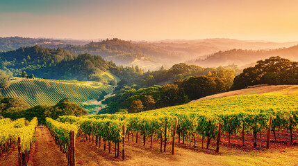 Naklejka premium vineyard. Golden hour vineyard landscape with rows of grapevines extending toward rolling hills, travel magazines, destination branding, designed for outdoor magazines and nature guides. 