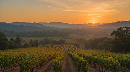 Fototapeta premium vineyard. Golden hour vineyard landscape with rows of grapevines extending toward rolling hills, travel magazines, destination branding, designed for outdoor magazines and nature guides. 