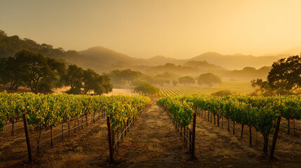 Naklejka premium vineyard. Golden hour vineyard landscape with rows of grapevines extending toward rolling hills, travel magazines, destination branding, designed for outdoor magazines and nature guides. 