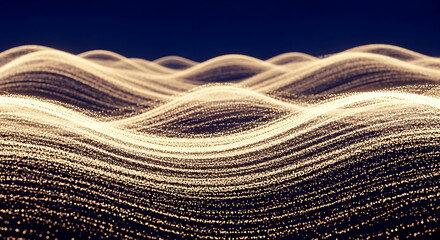 A captivating display of golden particles forming mesmerizing waves against a dark backdrop